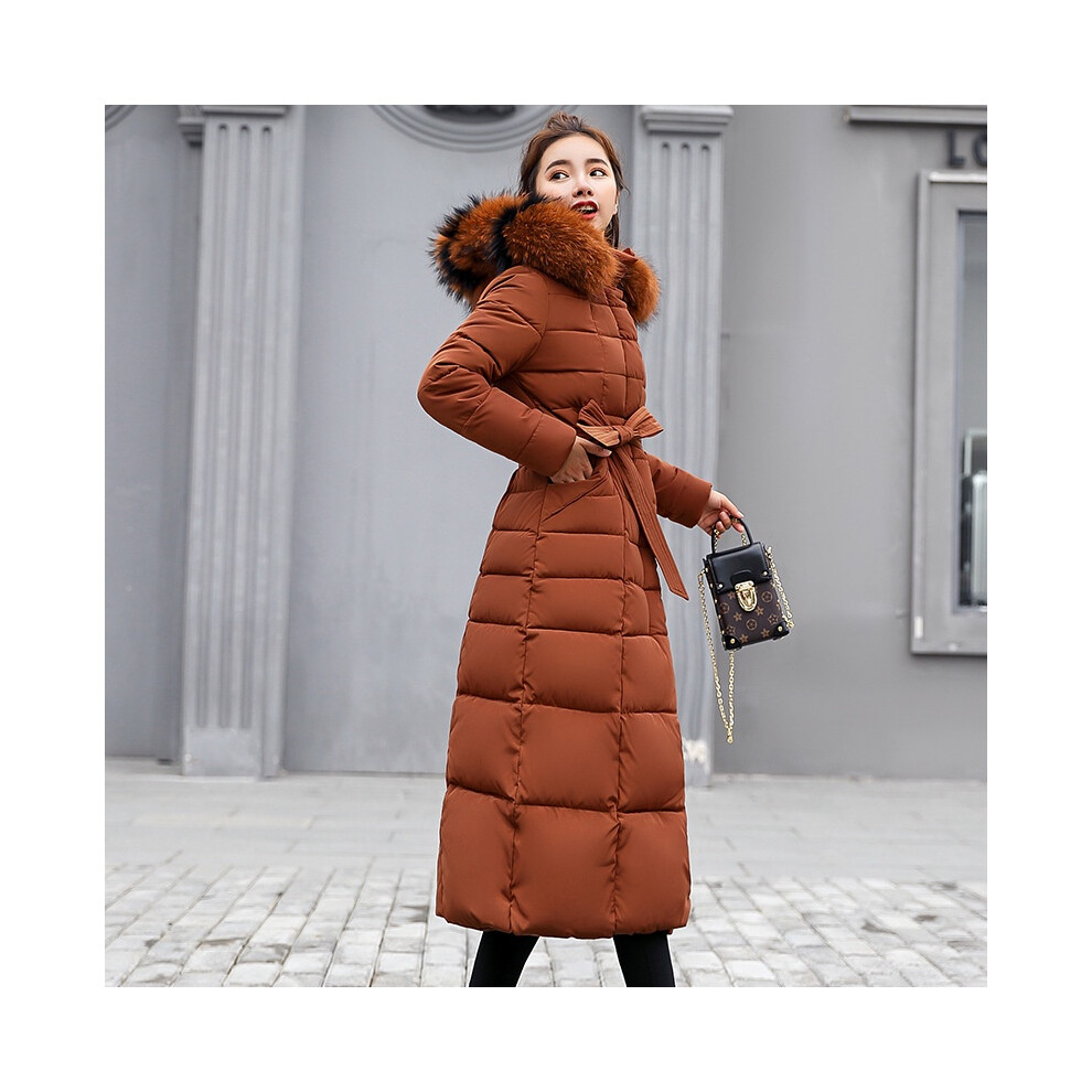 (, L) Womens Down Jacket Winter Hooded Long Fur Collar Thicken Coat Parka Warm Outwear Brown