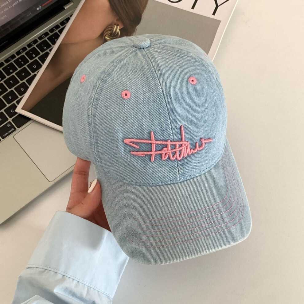 (Blue Pink) Denim Embroidery Classic Baseball Cap With Wide Brim For Women Commute And Sport-image-OPC-PK57KWW-NEW