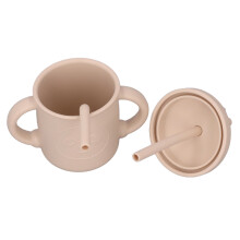 Langlepiger Silikon-Babypflegebecher – Beige mit zwei Griffen, Deckel und Trinkhalm