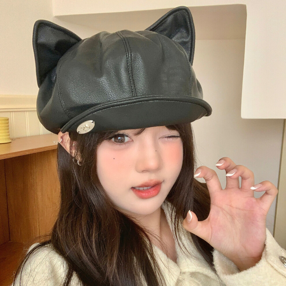 (Black) Beret Leather Woman Hat With Curved Brim And Cat Ear Detail For Up Dress Trendy-image-OPC-PK57XPF-NEW