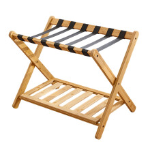 Double Layer Luggage Rack with Shoe Rack, Foldable Bamboo Suitcase Stand for Guest Room, Holds 150 lbs, Wood Color