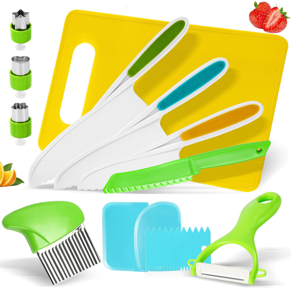 13 Piece Kids Knife Set for Real Cooking, Montessori Kitchen Tools for Toddlers, Safe Toddler Knife, Chopping Board and Crinkle Cutter