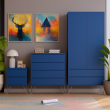 3 piece Navy Bedroom Set with Metal Legs. Wardrobe, Chest & Bedside