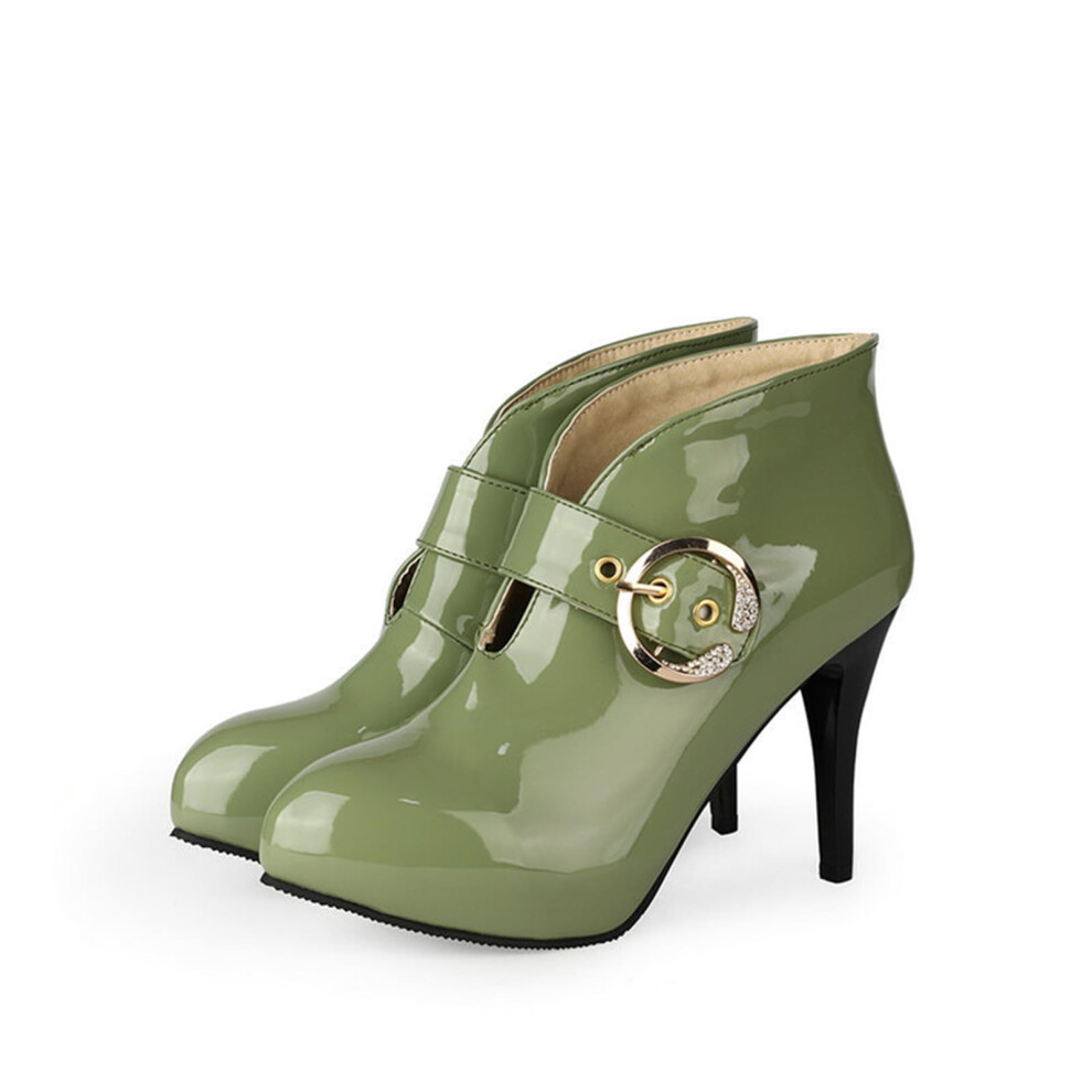 9.5 cm Stiletto Ankle Boots for Women, Patent Leather Green Heels with Belt Buckle, Size 39 EU-image-OPC-PK59MZZ-NEW
