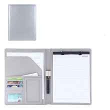 Conference Folder A4 Leather Clipboard Business Portfolio for Meetings and Interviews with Writing Pad and Card Holder, Gray