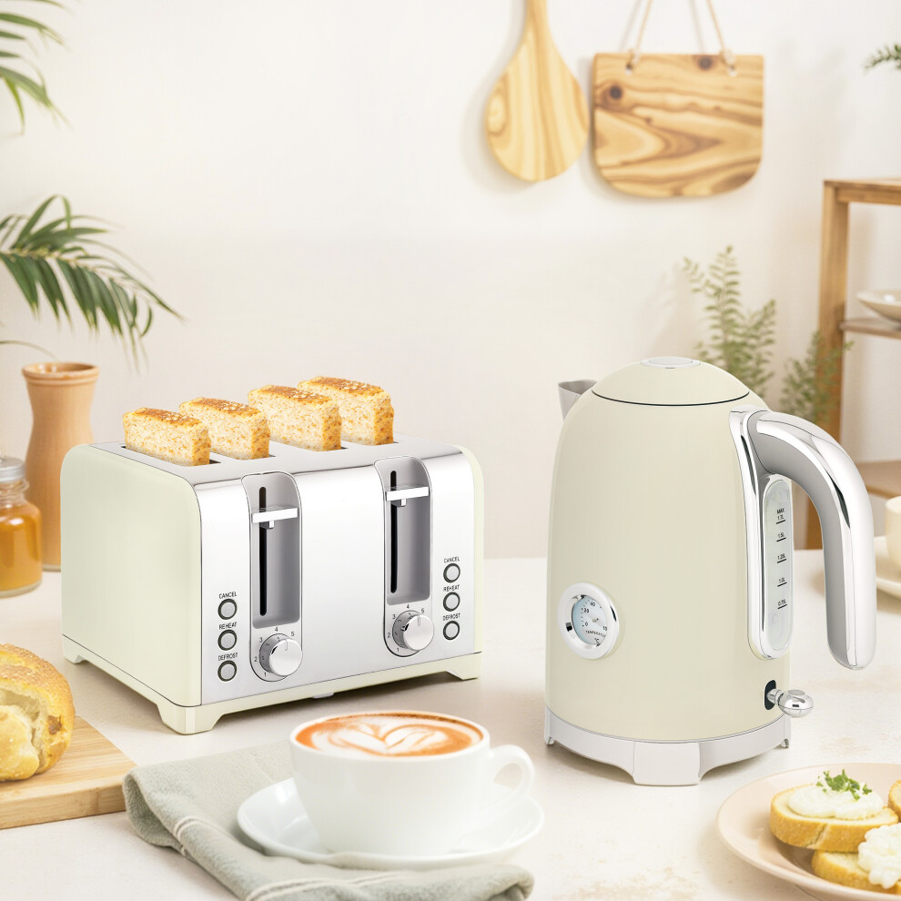 Homcom (Grey) 3000W 1.7L Kettle With Retro Thermometer, 4 Slice Toaster Set Grey