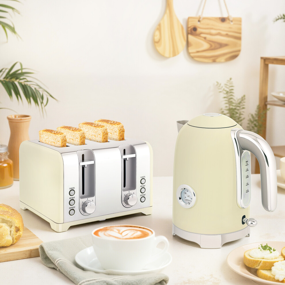 Homcom (Cream) 3000W 1.7L Kettle With Retro Thermometer, 4 Slice Toaster Set Cream