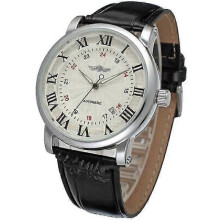 Fully Automatic Mechanical Men's Watch with PU Leather Strap - Winner (White Dial, Black Numbers, Black Strap)