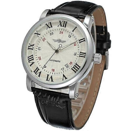 Fully Automatic Mechanical Men's Watch with PU Leather Strap - Winner (White Dial, Black Numbers, Black Strap)