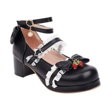 Mary Jane Low Heel Shoes for Girls and Women, Cute Elegant Princess Dress Shoes with Lace Bow, Pearl, and Strawberry Detail, Black, Size 31 EU