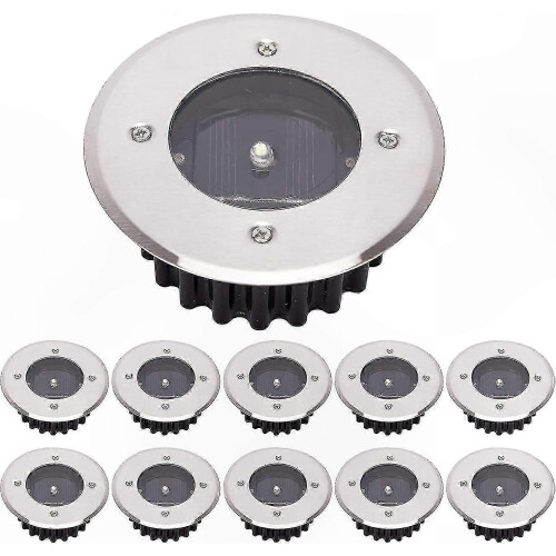 Solar-Powered LED Ground Lights, 10-Pack, IP65 Waterproof, Cool White, Round, Energy Efficient Class