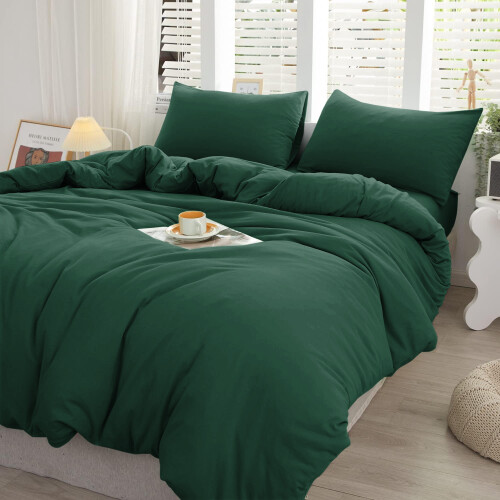 (Green / Emerald, Single) Plain Duvet Cover 3pc Reversible Microfiber Quilt Cover - Single, Double & King Bed Sizes