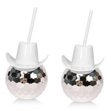 Disco Ball Cups Pack of 2 with Straw, Silver and White Durable Cocktail Cups, Flashing Cowboys Hat Design