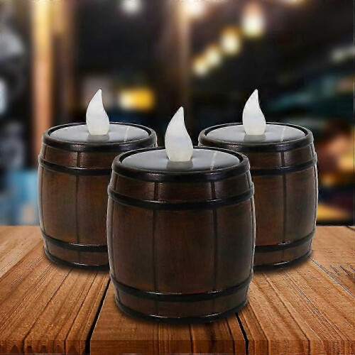 6Pack Solar Sensor Candle Wine Barrel Shaped Tea Light Warm White Flicker LED Night Lamp Event Wedd 2