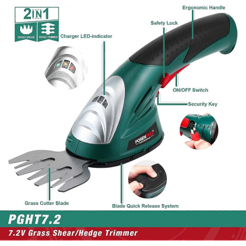 7.2V Cordless Hedge and Grass Trimmer, 2-in-1 with 2 Blades 1