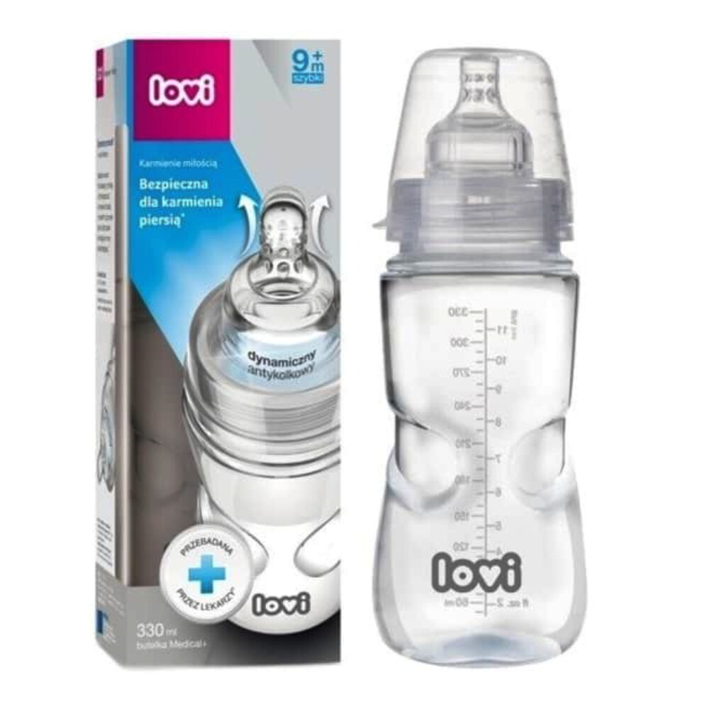 Lovi Medical+ Bottle With Dynamic Teat ,9 months & above|Breastfeeding Friendly |Durable and Clear -  330ml 9m+