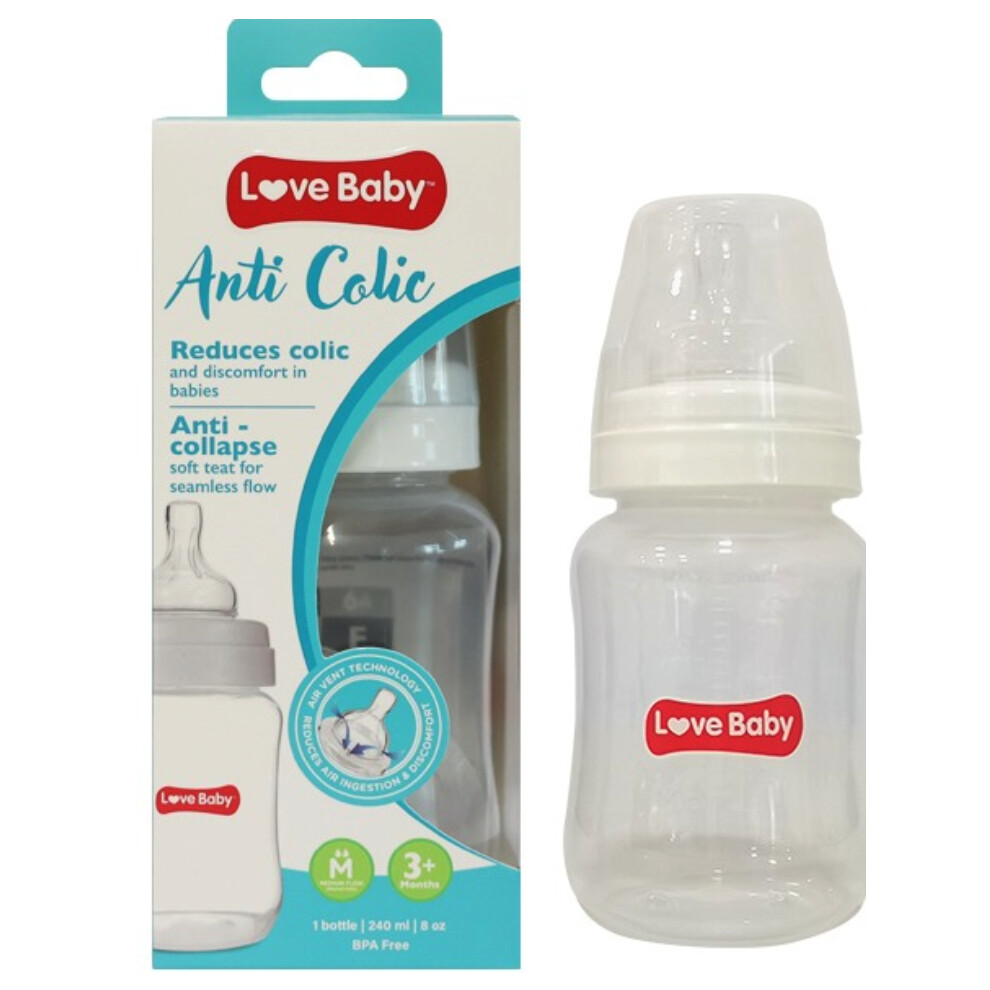 Love Baby Anti-Colic Feeding Bottle Medium Flow , 3 & 6 Months|Anti Collapse teat for seamless flow - 240ml