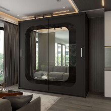 Modern Bedroom Sliding Wardrobe With Mirror Doors & Storage 150cm Black