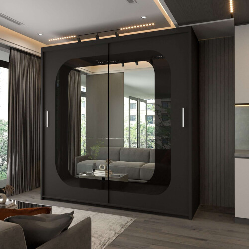 Modern Bedroom Sliding Wardrobe With Mirror Doors & Storage 150cm Black