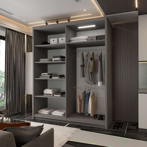 Modern Bedroom Sliding Wardrobe With Mirror Doors & Storage 150cm Grey 2