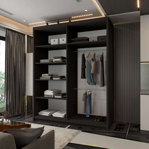Modern Bedroom Sliding Wardrobe With Mirror Doors & Storage 150cm Black 2