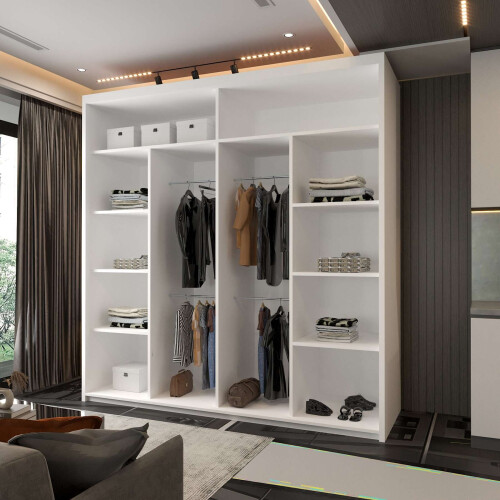 Modern Bedroom Sliding Wardrobe With Mirror Doors & Storage 203cm White-White 2