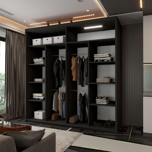 Modern Bedroom Sliding Wardrobe With Mirror Doors & Storage 203cm Black 2