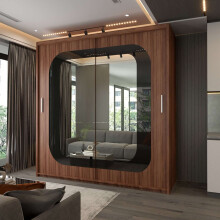 Modern Bedroom Sliding Wardrobe With Mirror Doors & Storage 203cm Walnut