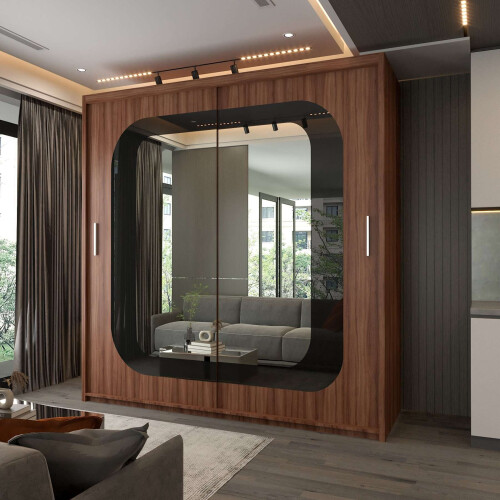Modern Bedroom Sliding Wardrobe With Mirror Doors & Storage 203cm Walnut
