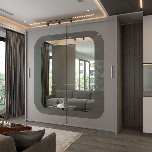 Modern Bedroom Sliding Wardrobe With Mirror Doors & Storage 203cm Grey