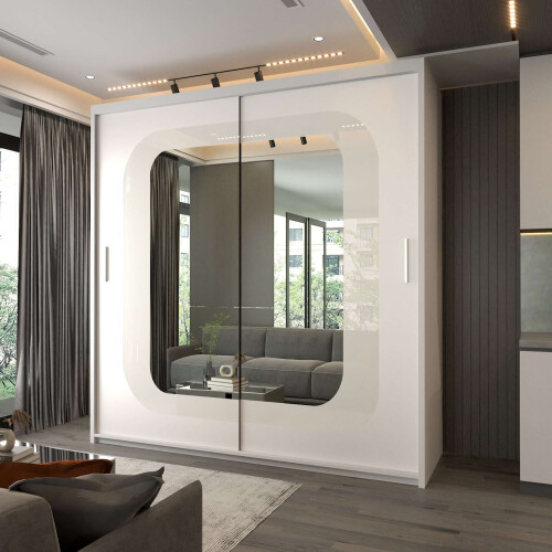 Modern Bedroom Sliding Wardrobe With Mirror Doors & Storage 150cm White-White