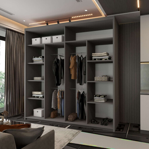 Modern Bedroom Sliding Wardrobe With Mirror Doors & Storage 203cm Grey 2