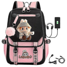 (Black Pink D) Cartoon Labubu USB Charging Backpack for School, Work & Travel - Men, Women & Kids - HF