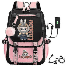 (Black Pink C) Cartoon Labubu USB Charging Backpack for School, Work & Travel - Men, Women & Kids - HF