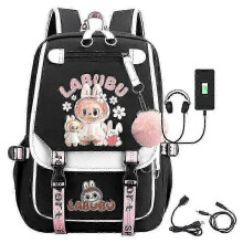 (Black White B) Cartoon Labubu USB Charging Backpack for School, Work & Travel - Men, Women & Kids - HF