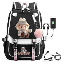 (Black White D) Cartoon Labubu USB Charging Backpack for School, Work & Travel - Men, Women & Kids - HF