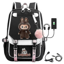 (Black White A) Cartoon Labubu USB Charging Backpack for School, Work & Travel - Men, Women & Kids - HF
