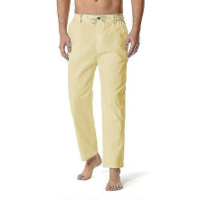 (M, khaki) Men'S Relaxed-Fit Linen Pant With Drawstring Elastic Waist Pockets