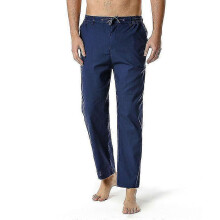 (L, Navy blue) Men'S Relaxed-Fit Linen Pant With Drawstring Elastic Waist Pockets