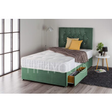 (3ft, 2 Drawers) Aqua Marine Green Plush Divan Bed Set with 1000 Pocket Sprung Mattress and Matching Diamante Headboard