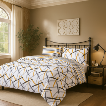 (Super King, Ochre Stripe) Printed Duvet Cover Set 3PC Reversible Cover with Pillowcases-Soft Microfiber Quilt Cover in Single, Double & King Sizes