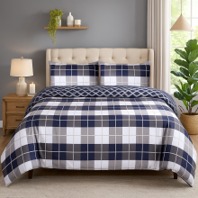 (Single, Navy Check) Printed Duvet Cover Set 3PC Reversible Cover with Pillowcases-Soft Microfiber Quilt Cover in Single, Double & King Sizes