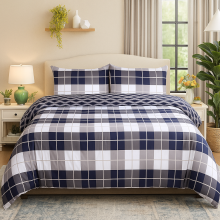 (King, Navy Check) Printed Duvet Cover Set 3PC Reversible Cover with Pillowcases-Soft Microfiber Quilt Cover in Single, Double & King Sizes