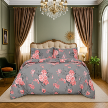 (King, Grey Bouquet) Printed Duvet Cover Set 3PC Reversible Cover with Pillowcases-Soft Microfiber Quilt Cover in Single, Double & King Sizes
