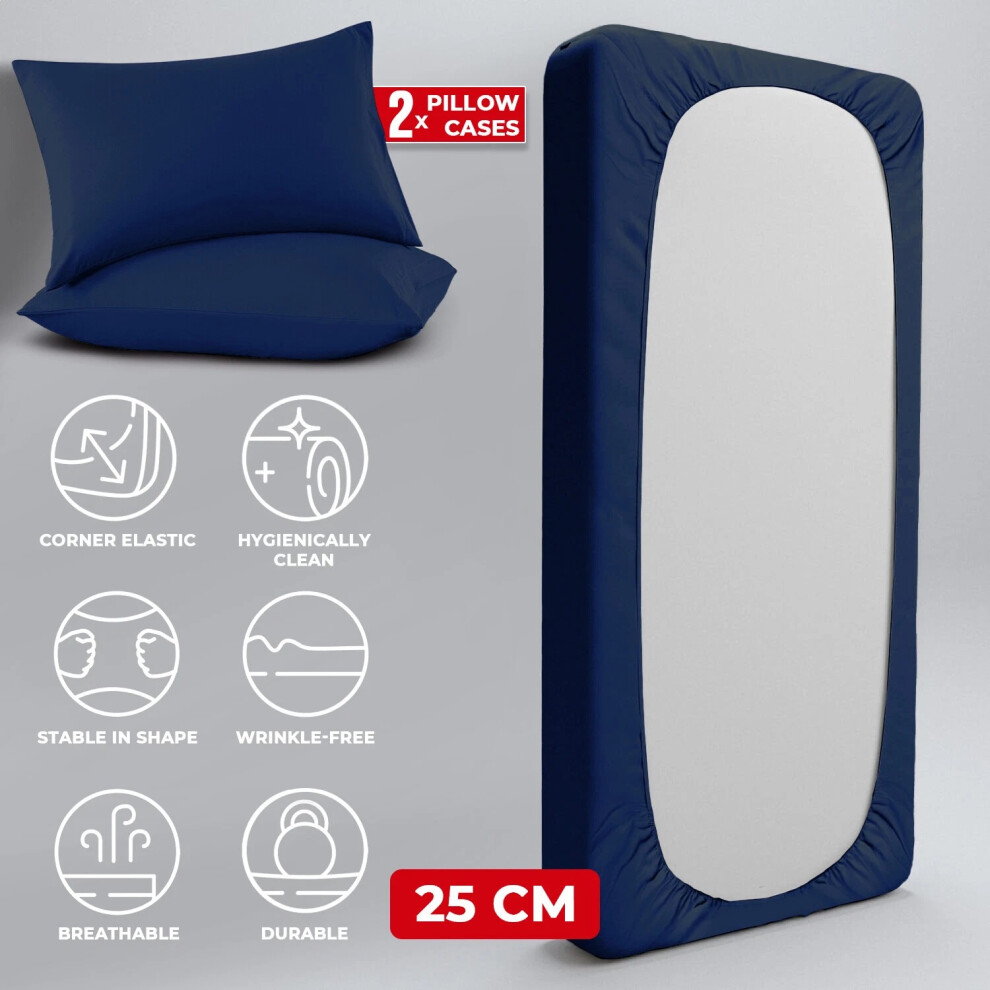 (Double, Navy Blue) 3 Piece Fitted Sheet Set Bed Sheets & Pillowcases-image-OPC-PK5DXGB-NEW