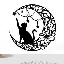 Metal Cat Moon Wall Decoration - Black Cat Metal Wall Art, Iron Silhouette, Outdoor Decor, Cat Wall Hanging