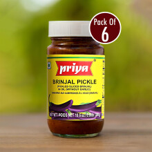 Priya Brinjal Pickle (Without Garlic) – 300g (Pack of 6) | Authentic South Indian Taste | Spicy & Tangy Eggplant Achar