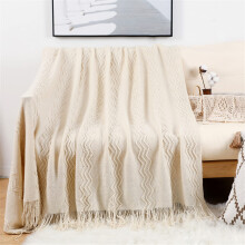 Sofa Blanket, Soft Knitted Boho Throw Blanket with Tassels, Beige 130x150 cm, Cozy Couch and Outdoor Use