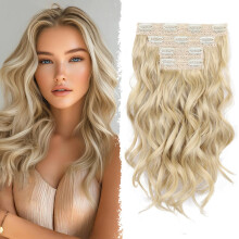 Clip in Hair Extensions - 14 Inch Wavy Synthetic Hair Extensions Clip ins (Color:Light Blonde Mix Beige Blonde)