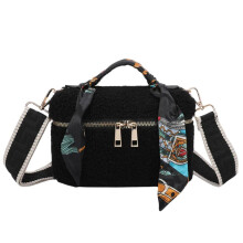 (Black) Fuzzy Glam Teddy Makeup Bag – Soft Textured Fabric with Scarf Handle, Adjustable Strap & Gold Zip